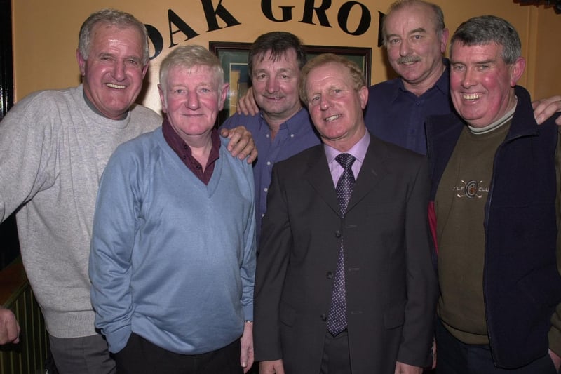 Joe Wilson, third from right, pictured with former teammates, Eunan Blake, Brian Wright, Ivan Parke, Eddie Mahon and Matt Doherty at a reunion at the Oak Grove Bar.