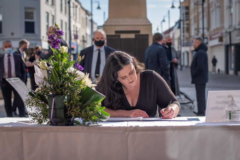Claire Sugden MLA signing the book of condolence for His Royal Highness Prince Philip the Duke of Edinburgh at Coleraine Town Hall today (Monday April 12)