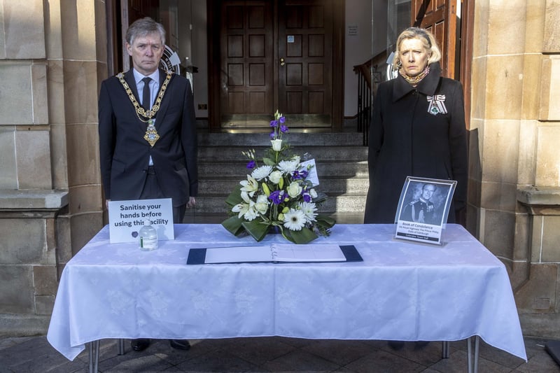 The Mayor of Causeway Coast and Glens Borough Council Alderman Mark Fielding and the Lord Lieutenant of County Londonderry Mrs Alison Millar pictured at the opening of a Book of Condolence for His Royal Highness Prince Philip Duke of Edinburgh at Coleraine Town Hall. An online book is also available at https://www.causewaycoastandglens.gov.uk/council/book-of-condolence