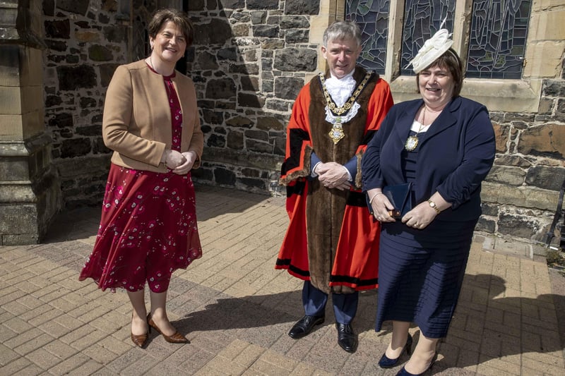 REPRO FREE..The Mayor of Causeway Coast and Glens Borough Council Alderman Mark Fielding and Mayoress Mrs Phyllis Fielding pictured with First Minister Rt Hon Arlene Foster MLA at the Service of Commemoration, Thanksgiving and Reflection to mark the Centenary of Northern Ireland held at St Patrick's Parish Church on Sunday 2nd May 2021.