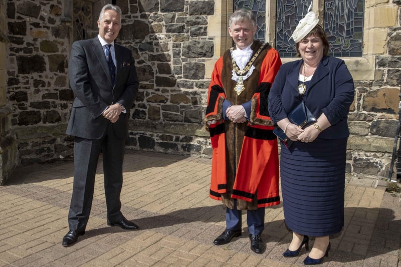 Ian Paisley MP pictured with the Mayor of Causeway Coast and Glens Borough Council Alderman Mark Fielding and Mayoress Mrs Phyllis Fielding at St Patrick's Parish Church in Coleraine for a Service of Commemoration, Thanksgiving and Reflection to mark the Centenary of Northern Ireland.