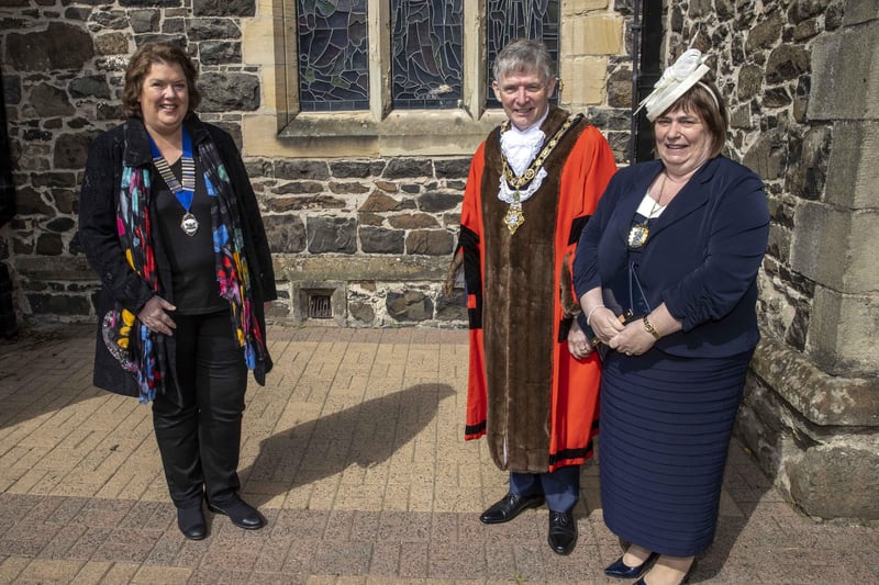 REPRO FREE..High Sheriff of County Londonderry Paula McIntyre pictured with the Mayor of Causeway Coast and Glens Borough Council Alderman Mark Fielding and Mayoress Mrs Phyllis Fielding at the Service of Commemoration, Thanksgiving and Reflection to mark the Centenary of Northern Ireland held at St Patrick's Parish Church on Sunday 2nd May 2021.