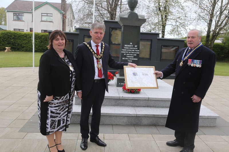 Cllr Mark Fielding Mayor of Causeway Coast and Glens Borough Council presented a plaque to mark the formation of Dervock RBL to George Black Chairman during the laying of a wreath by the Mayor in Dervock at the war memorial to mark VE Dayon Saturday