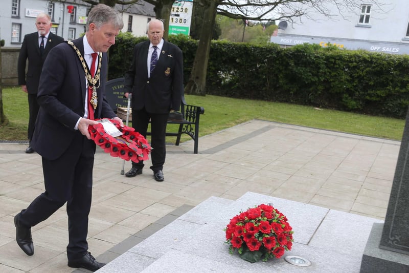 Cllr Mark Fielding Mayor of Causeway Coast and Glens Borough Council pictured during the laying of a wreath by the Mayor in Dervock at the war memorial to mark VE Dayon Saturday. Picture Kevin McAuley/McAuley Multimedia