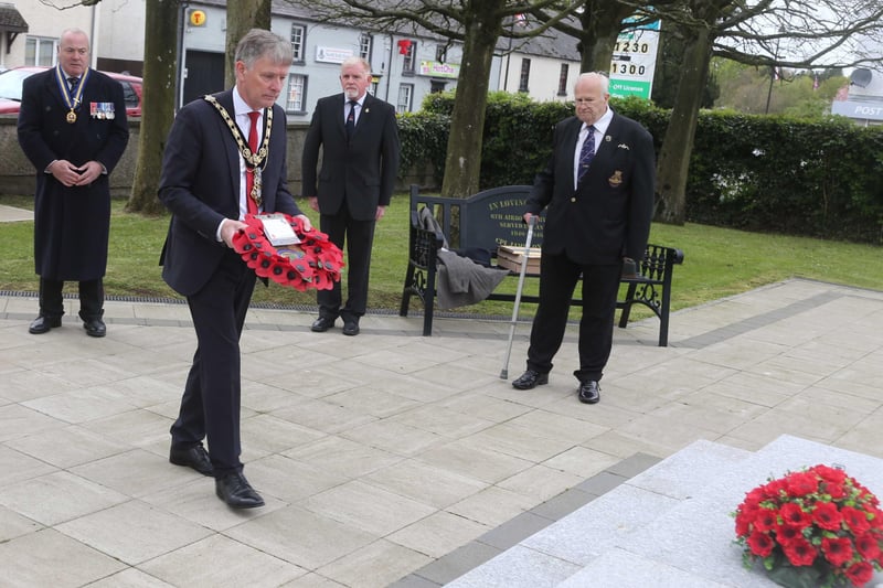Cllr Mark Fielding Mayor of Causeway Coast and Glens Borough Council pictured laying of a wreath in Dervock at the war memorial to mark VE Day on Saturday