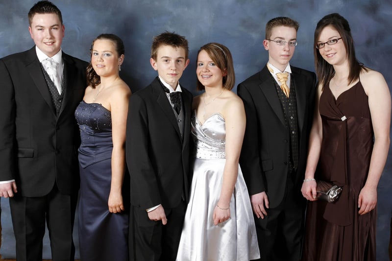 ALL DRESSED UP...Chris White, Claire Duffy, Callum McBurney, Jeni Campbell, Andrew McMillen and Sharon Kennedy pictured during the Coleraine Inst formal at the Royal Court Hotel. CR4-218PL