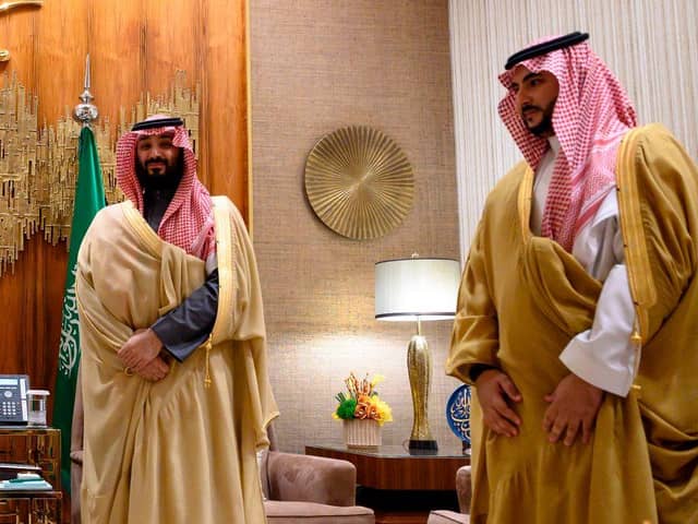 Saudi Arabia's Crown Prince Mohammed bin Salman (L) and Saudi Deputy Defence Minister Khalid Bin Salman await ahead of their meeting with the US Secretary of State at Irqah Palace in Riyadh on February 20, 2020.