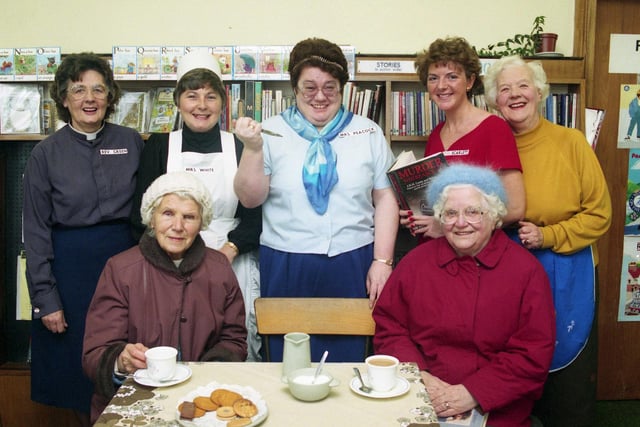 Visitors to Shiney Row Library got all "clued up" to crime in 1993.  As part of National Libraries Week, staff dressed up as Cluedo characters.
Picture in front, visitors Velma Blumby. left, and Mary Gray with staff, left to right: Eileen Thompson, Joan Ford, Ann Forth, Angela Straughan and Freda Mitchell.