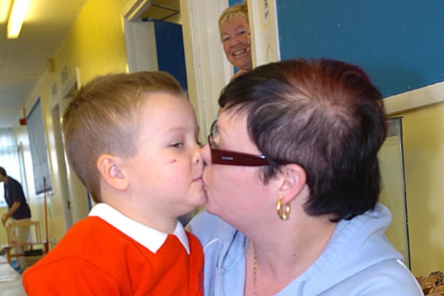 Mum Leah Dale has a kiss for son Connor on his first day at school at Hylton Red House Nursery in 2007.