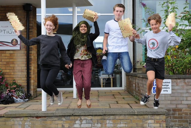 Jessica Dixon, Sabilah Khan, Ross Alder and Michael Beattie on GCSE results day at Southmoor Academy in 2015.