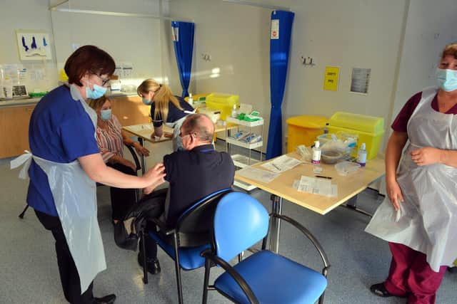 The clinic at Grindon Lane was busy with visitors as those aged 80 and over were called in to get their jab first.