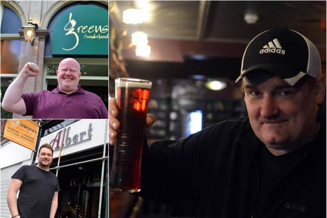(Top left) Greens Sunderland customer Stuart Craig who was the last customer before lockdown and the first after. (Bottom left) The Albert's owner Graham Tuckwell (Right) The Albert's customer Alan Madoc who said 'It feel's like Christmas' to have  a pint back in his hand.