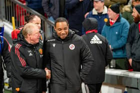 MANCHESTER, ENGLAND - JANUARY 28:   Reading Manager Paul Ince shakes hands with Manchester United Coach Steve McClaren during the Emirates FA Cup Fourth Round match between Manchester United and Reading at Old Trafford on January 28, 2023 in Manchester, England. (Photo by Ash Donelon/Manchester United via Getty Images)