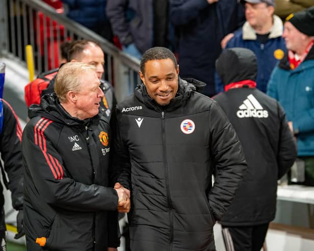 MANCHESTER, ENGLAND - JANUARY 28:   Reading Manager Paul Ince shakes hands with Manchester United Coach Steve McClaren during the Emirates FA Cup Fourth Round match between Manchester United and Reading at Old Trafford on January 28, 2023 in Manchester, England. (Photo by Ash Donelon/Manchester United via Getty Images)