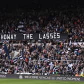 A flag in the gallowgate end reads 'Howay The Lasses' during the FA Women's National League Division One North match between Newcastle United Women and Alnwick Town Ladies at St James' Park on May 01, 2022 in Newcastle upon Tyne, England. (Photo by Stu Forster/Getty Images)