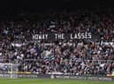 A flag in the gallowgate end reads 'Howay The Lasses' during the FA Women's National League Division One North match between Newcastle United Women and Alnwick Town Ladies at St James' Park on May 01, 2022 in Newcastle upon Tyne, England. (Photo by Stu Forster/Getty Images)
