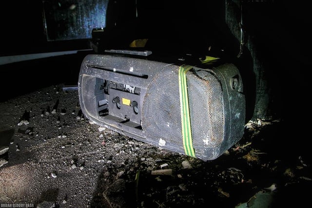 An abandoned stereo system inside the old Queens Hotel pub on Scotland Street