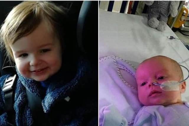 Left: Oliver, aged three, on his way for his first radiotherapy treatment. Right: At just weeks old, Oliver pictured after a bleed on his brain.