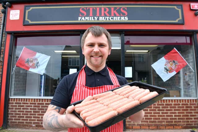 Stirk's Butchers' Steve Stirk unveils the Wembley pepperoni pizza sausage.