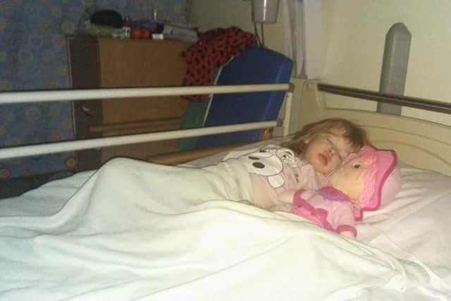 Megan Bloomer in hospital shortly after being diagnosed with Nephrotic Syndrome, age two.