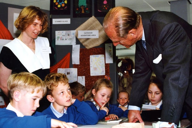 Prince Philip, Duke of Edinburgh, was pictured chatting with Mill Hill pupils at Doxford in May 1993.