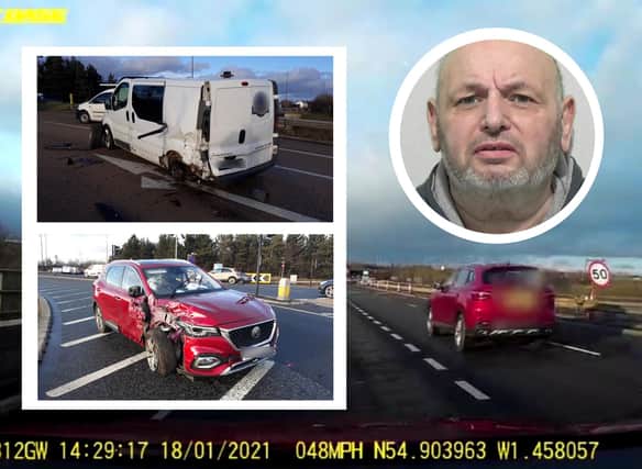 Dashcam footage captures Martin Robson driving through roadworks before crashing into a van at a junction