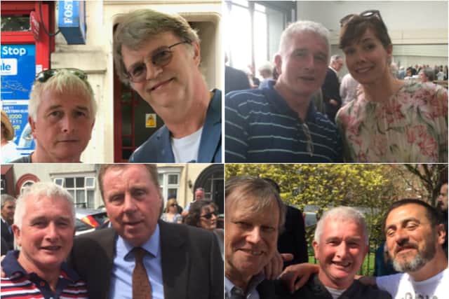 Trevor at his plaque unveilings with, clockwise from top left, Paul Merton, Darcey Bussell, Coronation Street actors David Neilson and Chris Gascoyne and I'm A Celebrity ... winner Harry Redknapp.