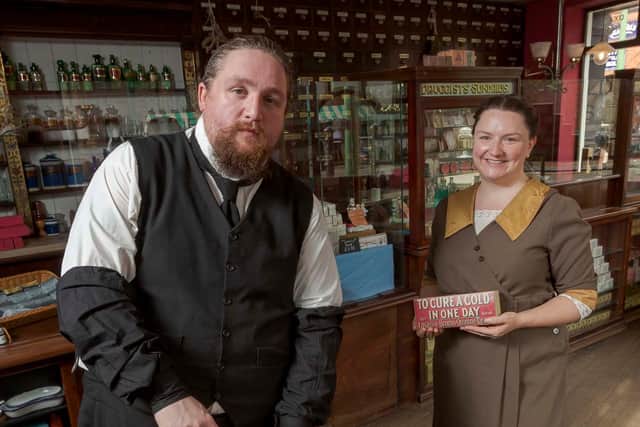 Rosie Nichols, Keeper of Social History at Beamish Museum joins her colleague Carl McSorley at the Edwardian Chemist and Dispensary.