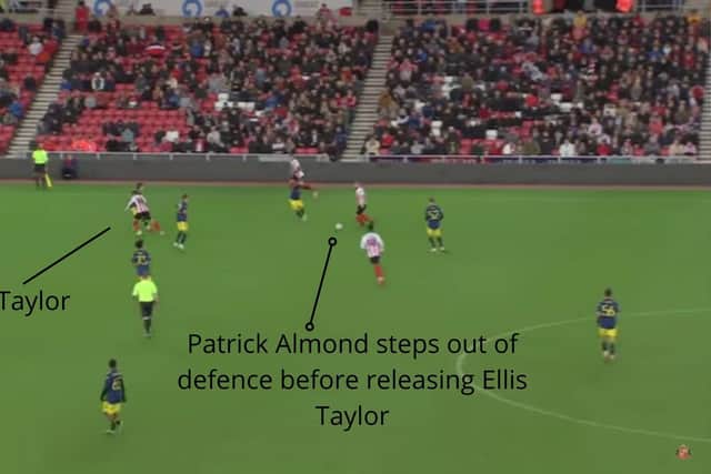 Figure Two: Patrick Almond steps out of defence before releasing Ellis Taylor in the build-up to Sunderland's second goal.