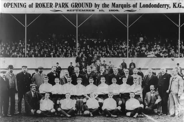 Sunderland AFC, in now-unfamiliar white shirts, at the grand opening of Roker Park in 1898, which saw a victory over Liverpool.