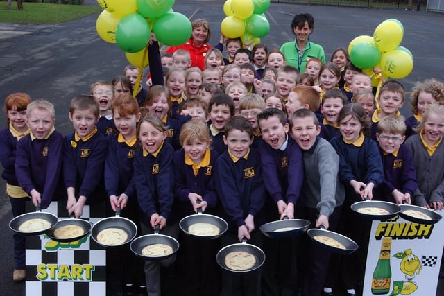 A 2004 reminder of a pancake race at Usworth Colliery Primary School. The Washington branch of Asda provided the pancakes and the prizes.