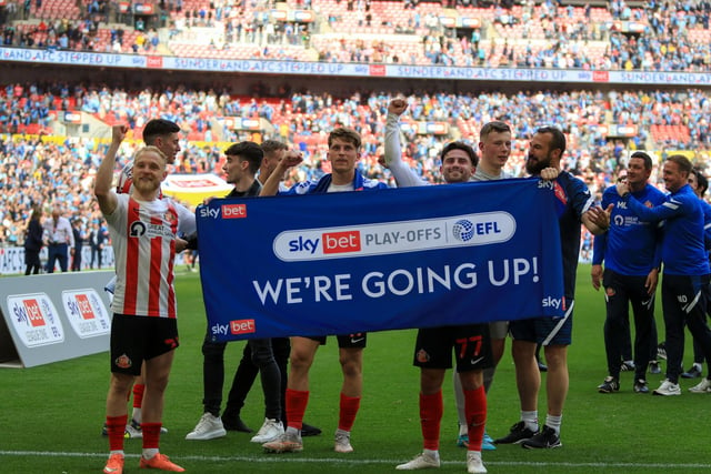 Sunderland players celebrate their win after a long season