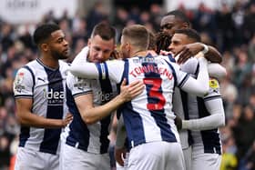 WEST BROMWICH, ENGLAND - APRIL 23: John Swift of West Bromwich Albion celebrates with teammates after scoring the team's first goal from the penalty spot during the Sky Bet Championship between West Bromwich Albion and Sunderland at The Hawthorns on April 23, 2023 in West Bromwich, England. (Photo by Clive Mason/Getty Images)