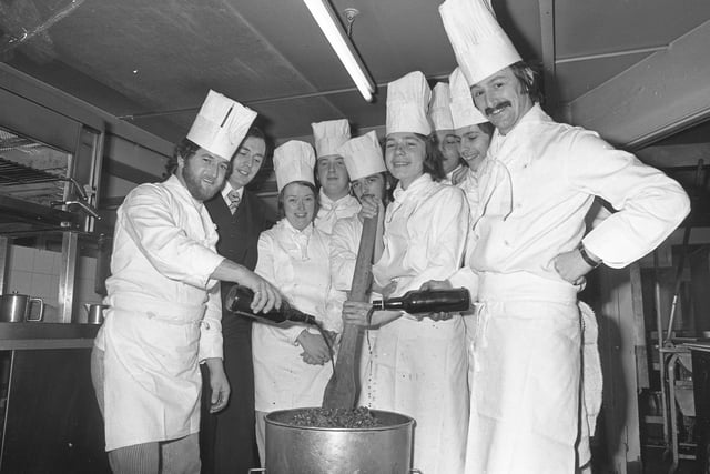 Preparing the Christmas pudding at Seaburn Hotel on this day in 1975. Stirring the pudding is commis chef John Anderson.  Also in the picture are sous chef Mr Davies, far left; the assistant manager, Mr Les Luke (second left) and head chef Mr Bell.