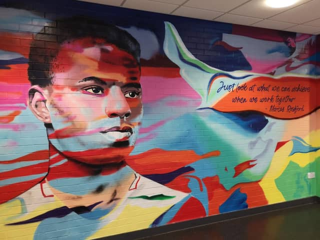 The new Marcus Rashford mural at Hebburn Comprehensive created by Frank Styles.