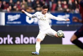 PAMPLONA, SPAIN - FEBRUARY 09: Luka Jovic of Real Madrid scores his team's fourth goal during the La Liga match between CA Osasuna and Real Madrid CF at El Sadar Stadium on February 09, 2020 in Pamplona, Spain. (Photo by Juan Manuel Serrano Arce/Getty Images)