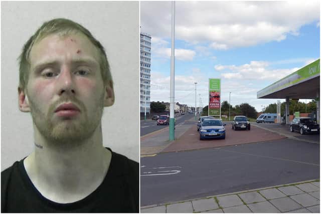 Liam Ellison is behind bars after admitting three shop thefts at the Harbour View service station, above, and unlawfully possessing a machete blade.