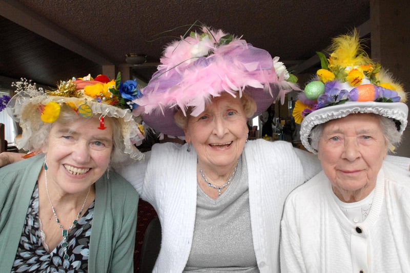 Lovely head wear with a floral theme at Woodhouse Court in this 2008 photo.