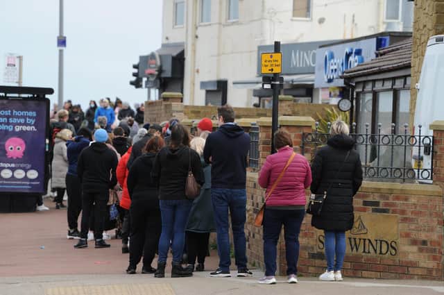 Good Friday queues outside Minchella's and Queens Cafe, Seaburn, Sunderland.