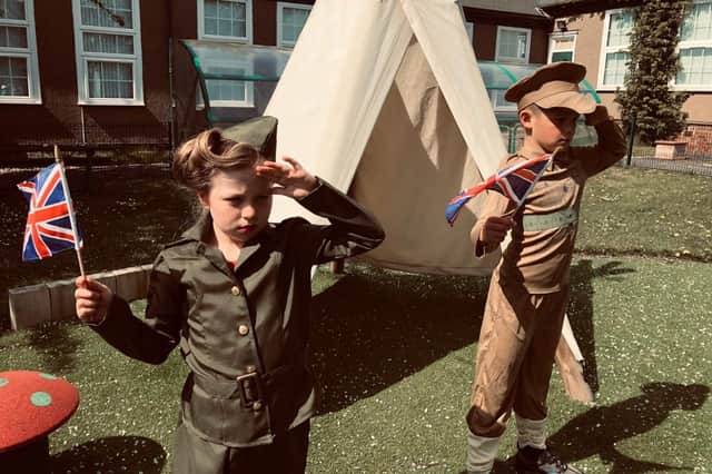 Children dressed in army uniform for the West Rainton video.