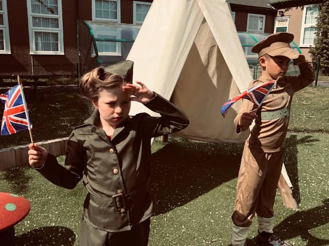 Children dressed in army uniform for the West Rainton video.