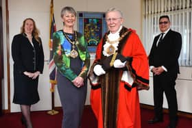 Former Mayor, Cllr David Snowdon, and his wife, Cllr Dianne Snowdon, make way for the New Mayor of Sunderland, Cllr Henry Trueman, with his wife and Mayoress, Cllr Dorothy Trueman. Source: Sunderland City Council