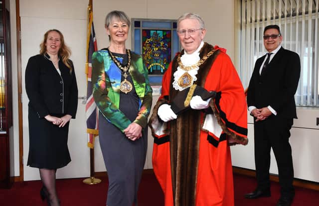 Former Mayor, Cllr David Snowdon, and his wife, Cllr Dianne Snowdon, make way for the New Mayor of Sunderland, Cllr Henry Trueman, with his wife and Mayoress, Cllr Dorothy Trueman. Source: Sunderland City Council