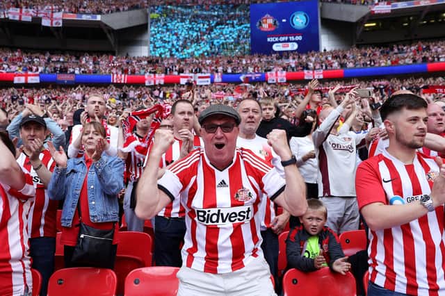 LONDON, ENGLAND - MAY 21: Sunderland fans show their support prior to the Sky Bet League One Play-Off Final match between Sunderland and Wycombe Wanderers at Wembley Stadium on May 21, 2022 in London, England. (Photo by Eddie Keogh/Getty Images)