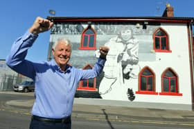 Jimmy Montgomery checking out the mural in his honour on the side of The Times Inn in Southwick