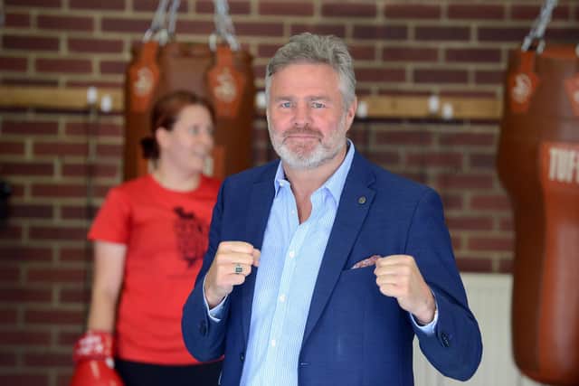 Former IBF Cruiserweight world champion Glen McCrory visits Sunderland Central Community Fire Station boxing gym hub. 