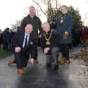 The Mayor of Sunderland Coun Harry Trueman unveils the latest section of the National Veterans Walk, at Mowbray Park, with project leaders Tom Cuthbertson and Rob Deverson, and Mayoress Coun Dorothy Trueman.