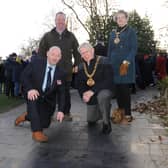 The Mayor of Sunderland Coun Harry Trueman unveils the latest section of the National Veterans Walk, at Mowbray Park, with project leaders Tom Cuthbertson and Rob Deverson, and Mayoress Coun Dorothy Trueman.
