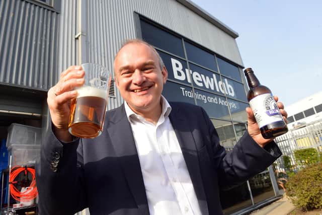 Liberal Democrat leader Ed Davey visits Darwin Brewey Ltd ahead of the re-opening of the beer and pub sector.