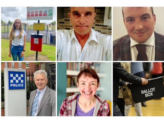 Top from l-r:  Adelle Burnicle (Conservative); David Geddis (Independent); Iain Scott, (Labour)
Bottom from l-: John Lennox (Liberal Democrat); Justine Merton Scott (Green)